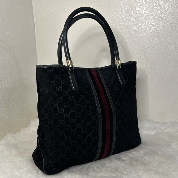 Gucci GG Sherry Line Black Suede Tote w/Red Velvet Stripe - Picture 14 of 16